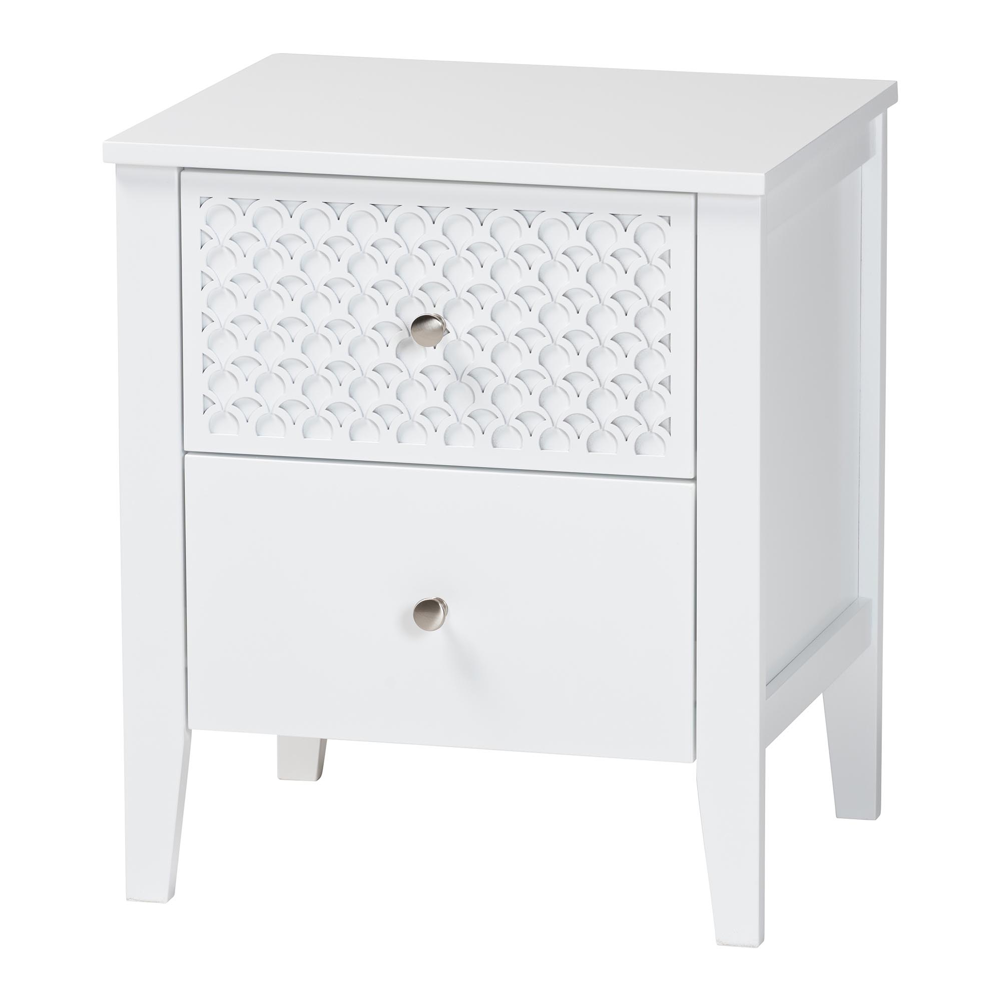 Baxton Studio Lara Nightstand - 2-Drawer Bedside Table with Laser-Cut Geometric Overlay for Bedroom or Guest Room, White